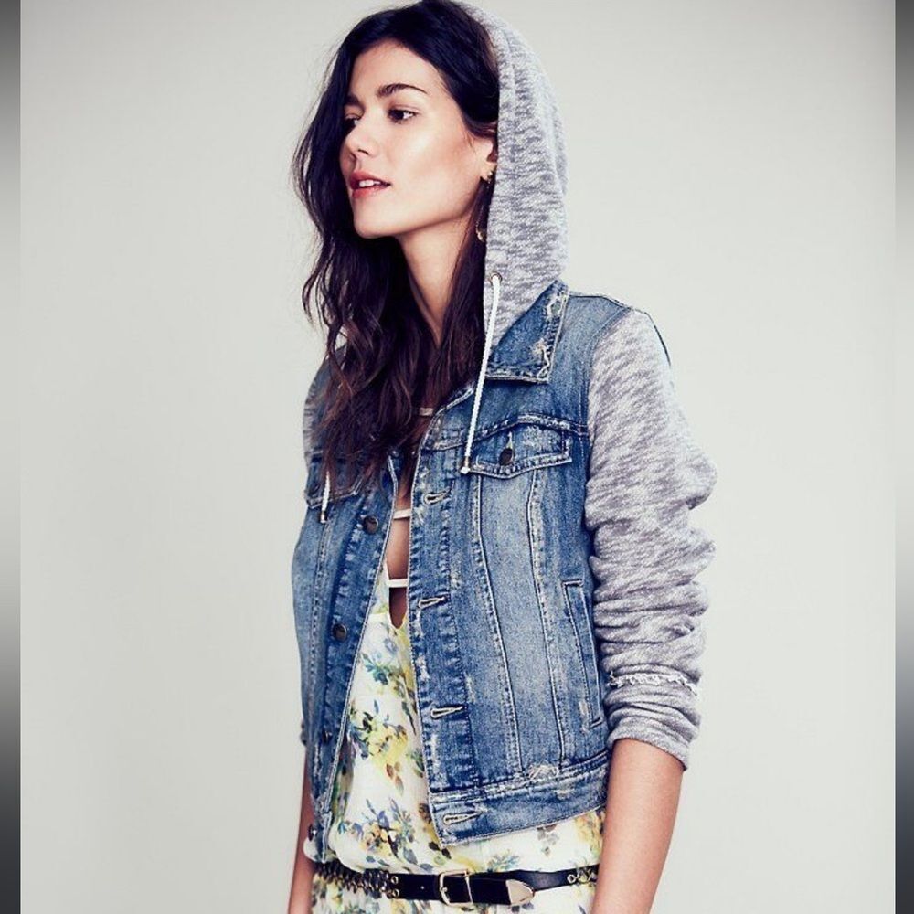 Free People Blue Hooded Distressed Denim Jean Jacket S Rare